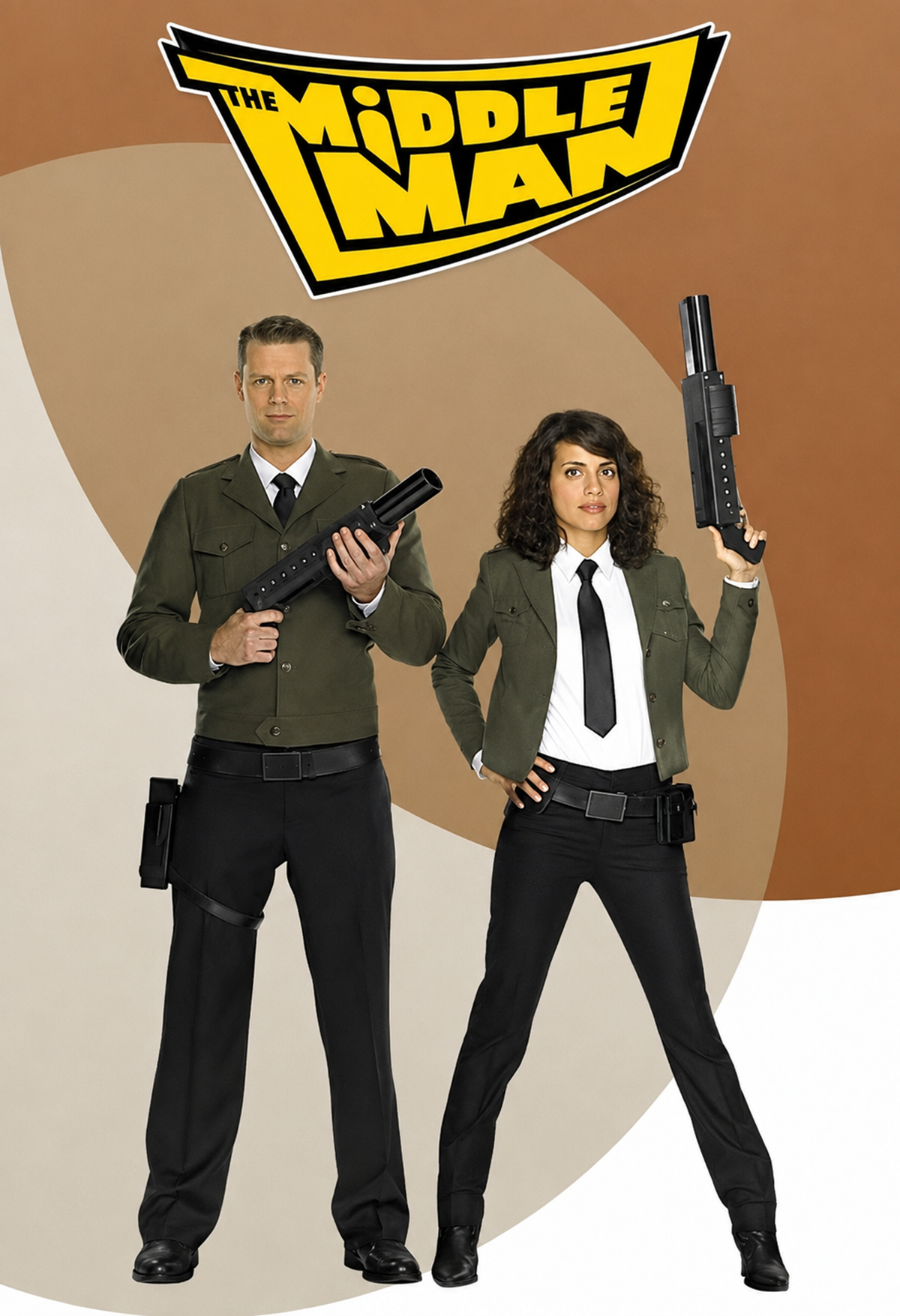 Two people in green jackets, white shirts, and black ties stand confidently holding futuristic weapons, in front of a graphic background and a logo reading "The Middleman" above them.