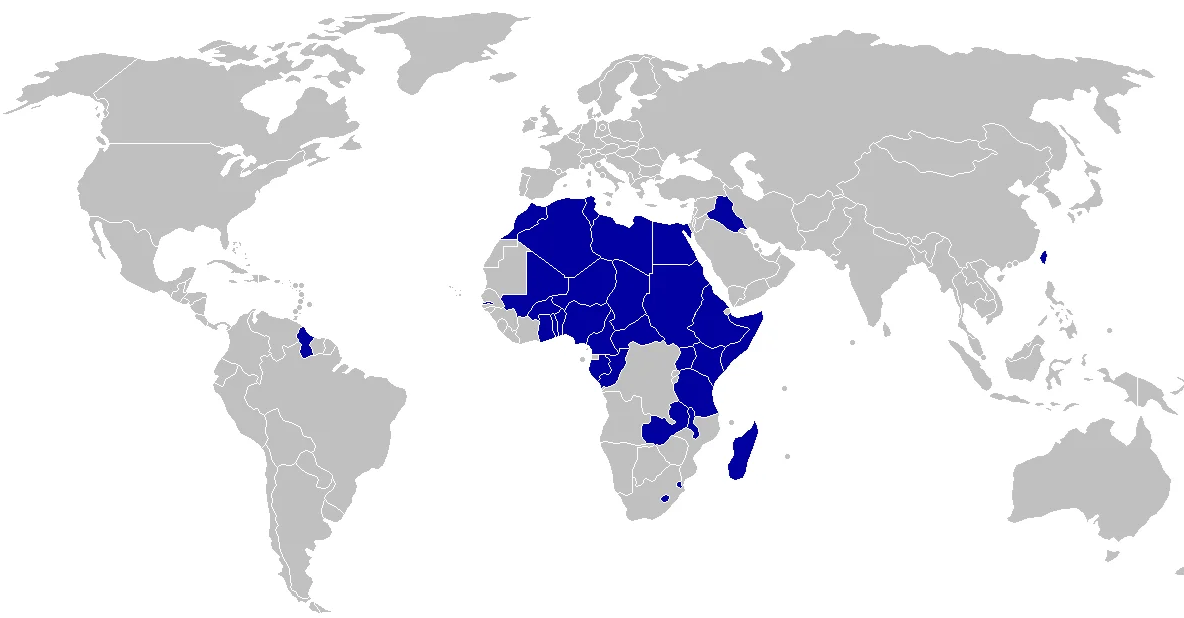 A world map with several countries in Africa and a few in the Middle East and South America highlighted in dark blue, while all other countries are gray.
