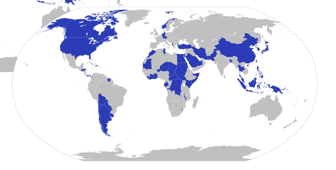 A world map with several countries shaded in blue, highlighting specific nations across all continents except Antarctica. The remaining countries are left uncolored.