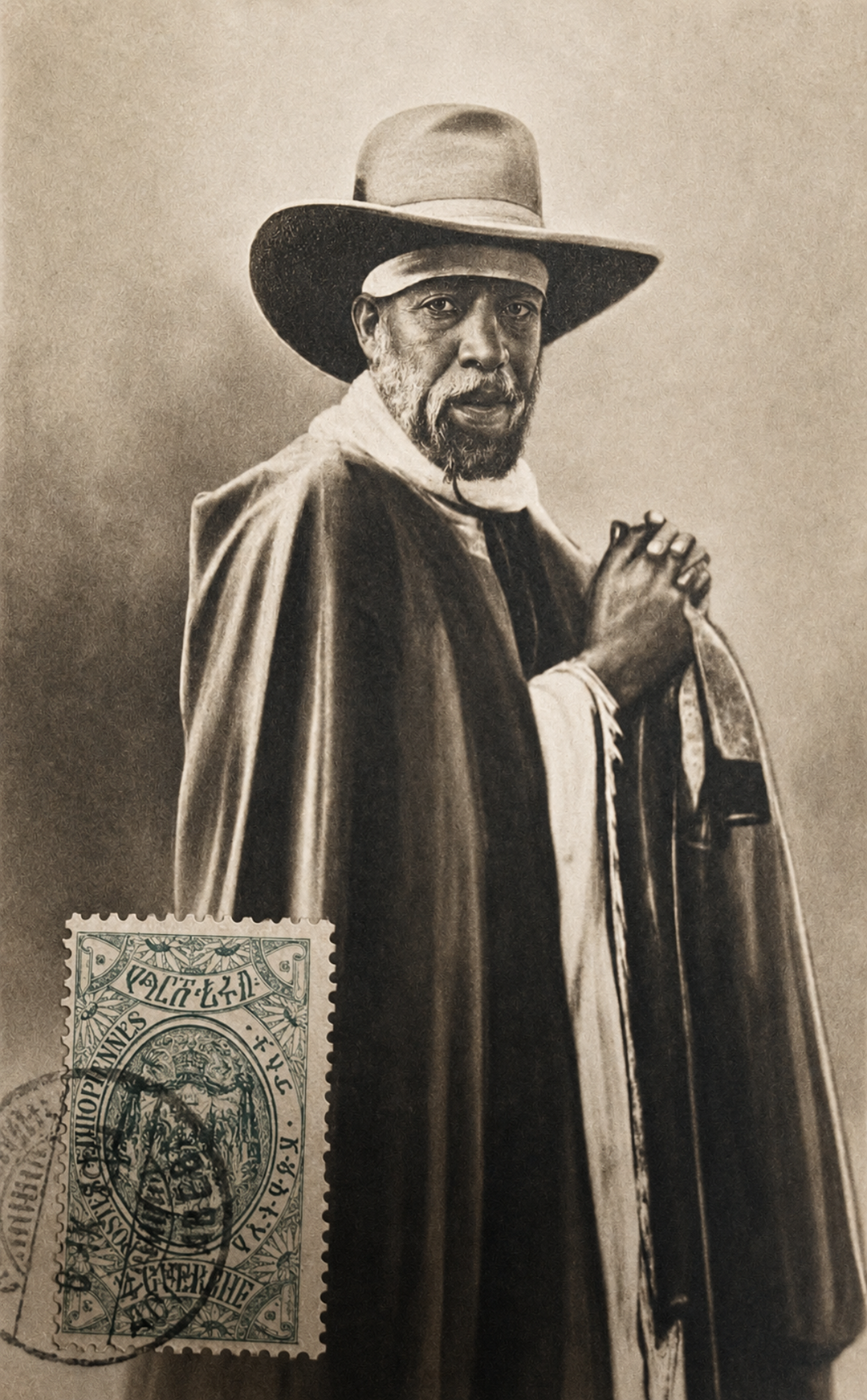 A sepia-toned portrait of a bearded man in a wide-brimmed hat and cloak, holding a staff, with a vintage postage stamp bearing Amharic script in the lower left corner. Translation