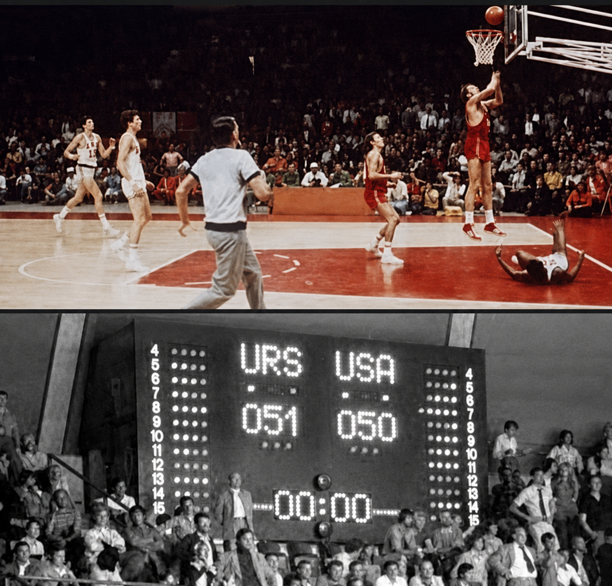 A basketball player in red shoots as a player in white falls. Below, a scoreboard shows URS 51, USA 50 with the clock at 0:00. Spectators watch in both scenes.