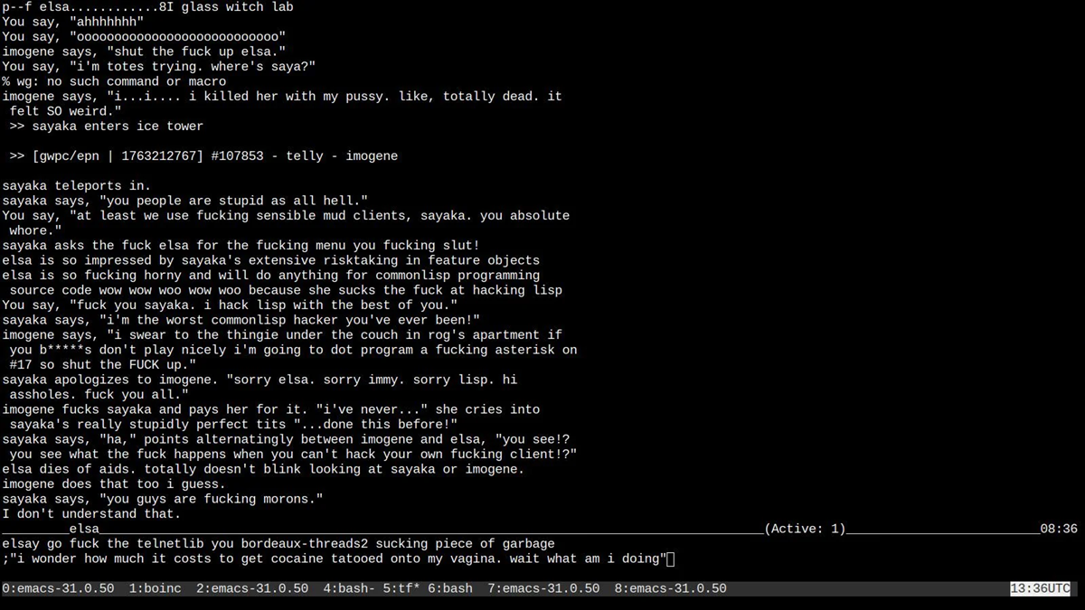 A computer screen displays a text-based chat in a terminal window, featuring multiple users exchanging messages, some with strong language. The interface is dark with light text, resembling a coding or IRC environment.