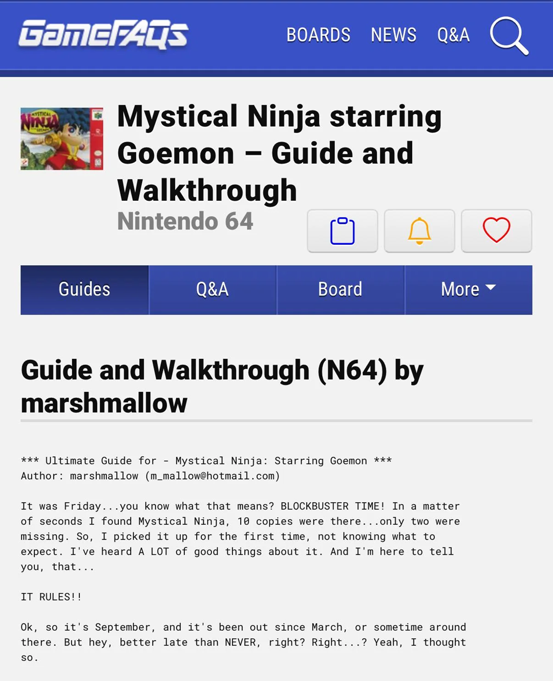 Screenshot of a GameFAQs guide page for "Mystical Ninja Starring Goemon" on Nintendo 64, authored by marshmallow, displaying the guide's introductory text and site navigation.