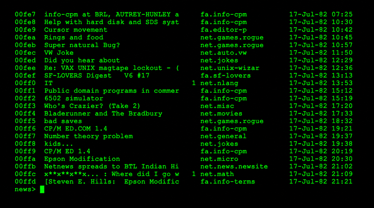 Communities. Green monospaced text on a black screen shows a list of message subjects with newsgroup names, resembling an old computer terminal or early email/newsreader interface.
