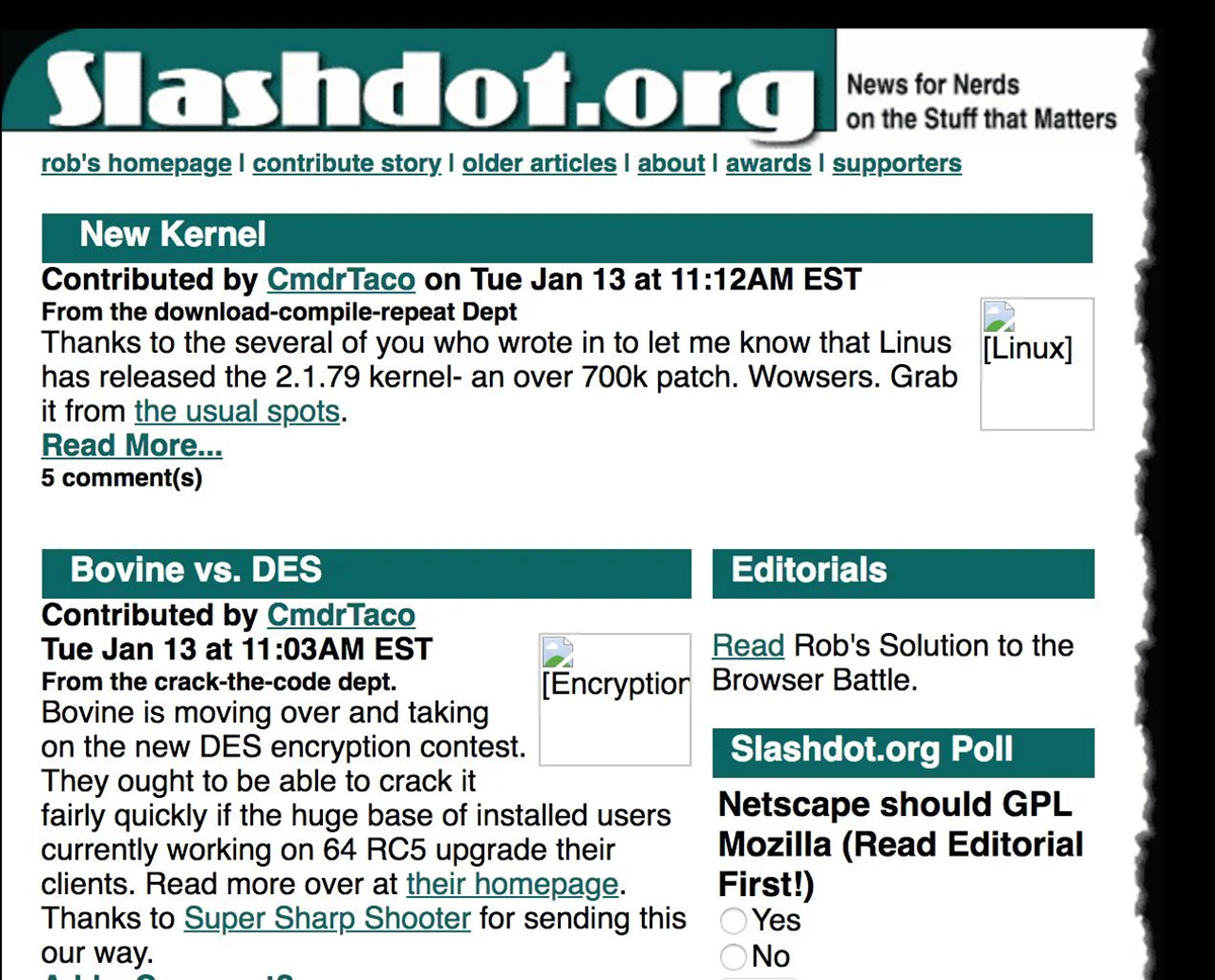 Screenshot of the Slashdot.org homepage showing articles about a new Linux kernel, Bovine vs. DES encryption, editorials, and site navigation links. The design uses green and black text boxes and icons for Linux and Encryption.