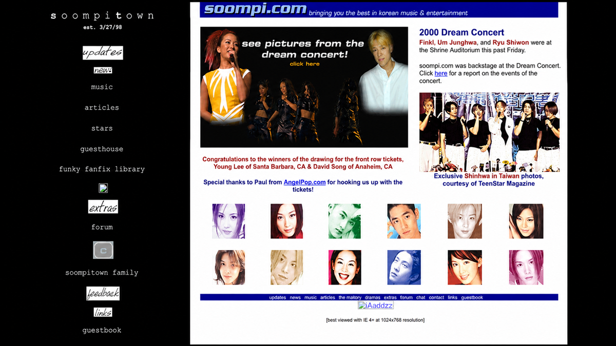 Screenshot of a vintage website with a black sidebar on the left and a main content area featuring K-pop concert news, images of idols, and colorful promotional banners. The design is early 2000s style.