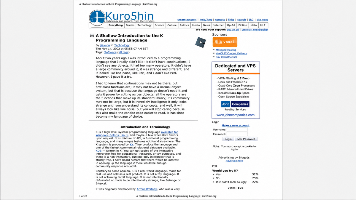 Screenshot of a webpage titled "A Shallow Introduction to the K Programming Language," featuring article text, navigation menus, ads, and sidebars with links and information about servers and user login.