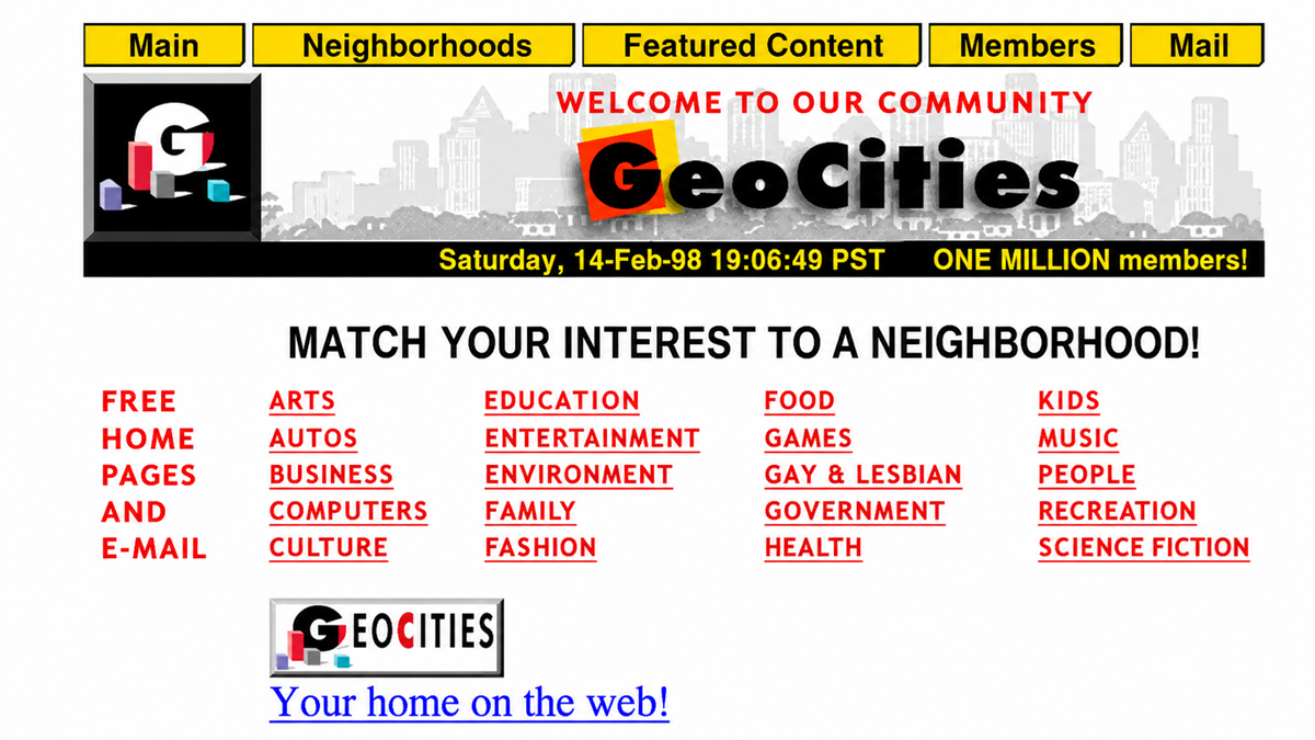 A retro GeoCities homepage from 1998 showing navigation tabs, welcome message, timestamp, visitor count, interest categories, and the GeoCities logo with “Your home on the web!” slogan at the bottom.