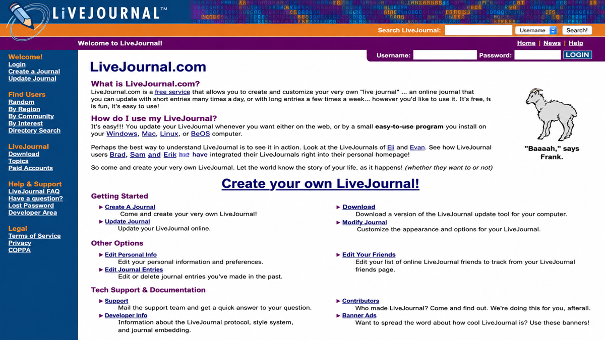 Screenshot of the LiveJournal.com homepage with navigation links, text explaining LiveJournal, a header to create your own journal, and a cartoon sheep labeled "Baaah," says Frank, on the right side of the page.