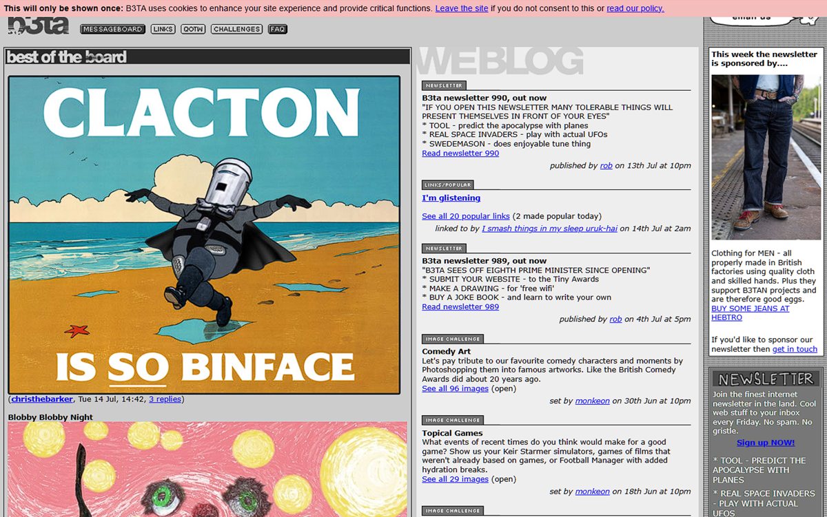 A website screenshot shows a humorous forum post titled “CLACTON IS SO BINFACE” with a cartoon person in a helmet running on a beach, surrounded by litter. Forum posts and navigation links appear on the right.