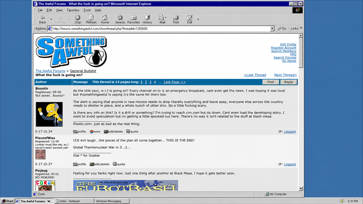 Screenshot of an early 2000s web forum in Internet Explorer with users discussing odd TV channel behavior. The “Something Awful” logo is visible at the top left. The browser and Windows taskbar are also shown.