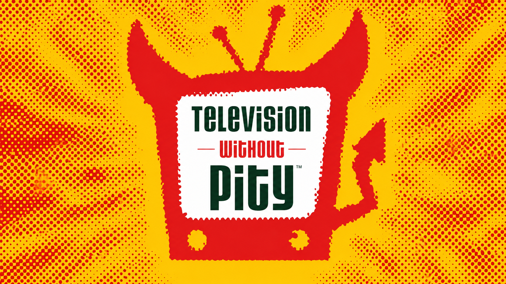 A red, retro TV cartoon shape with the words "Television Without Pity" in green and red on a yellow background with red dots and bursts.