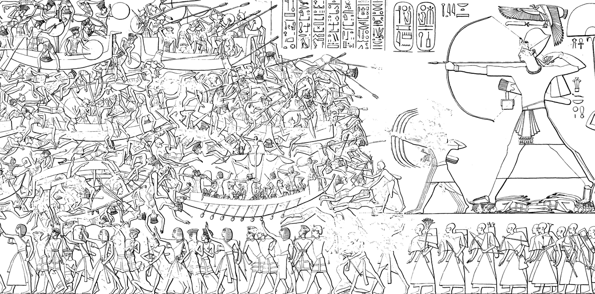 Line drawing of an ancient Egyptian battle scene: warriors clash on boats, archers shoot arrows, a large figure stands to the right, and captured prisoners are marched below. Hieroglyphics appear at the top.