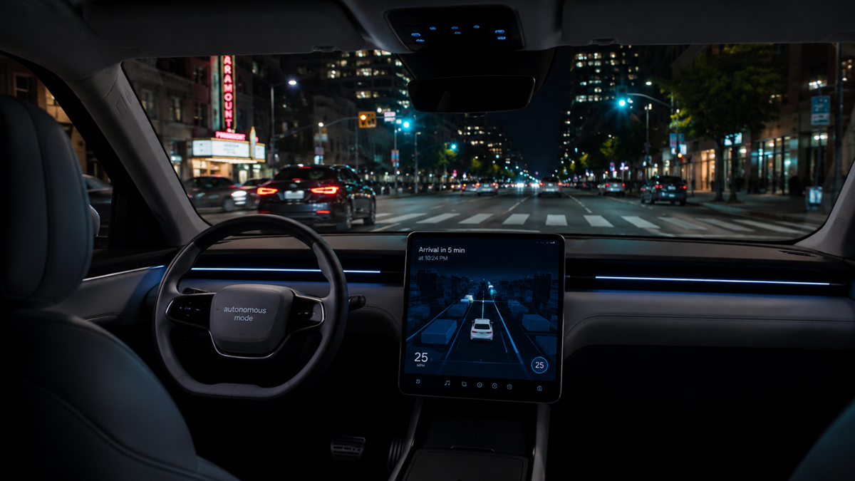 View from inside a self-driving car at night, showing the dashboard and a central screen displaying navigation on a city street lined with buildings and lights.