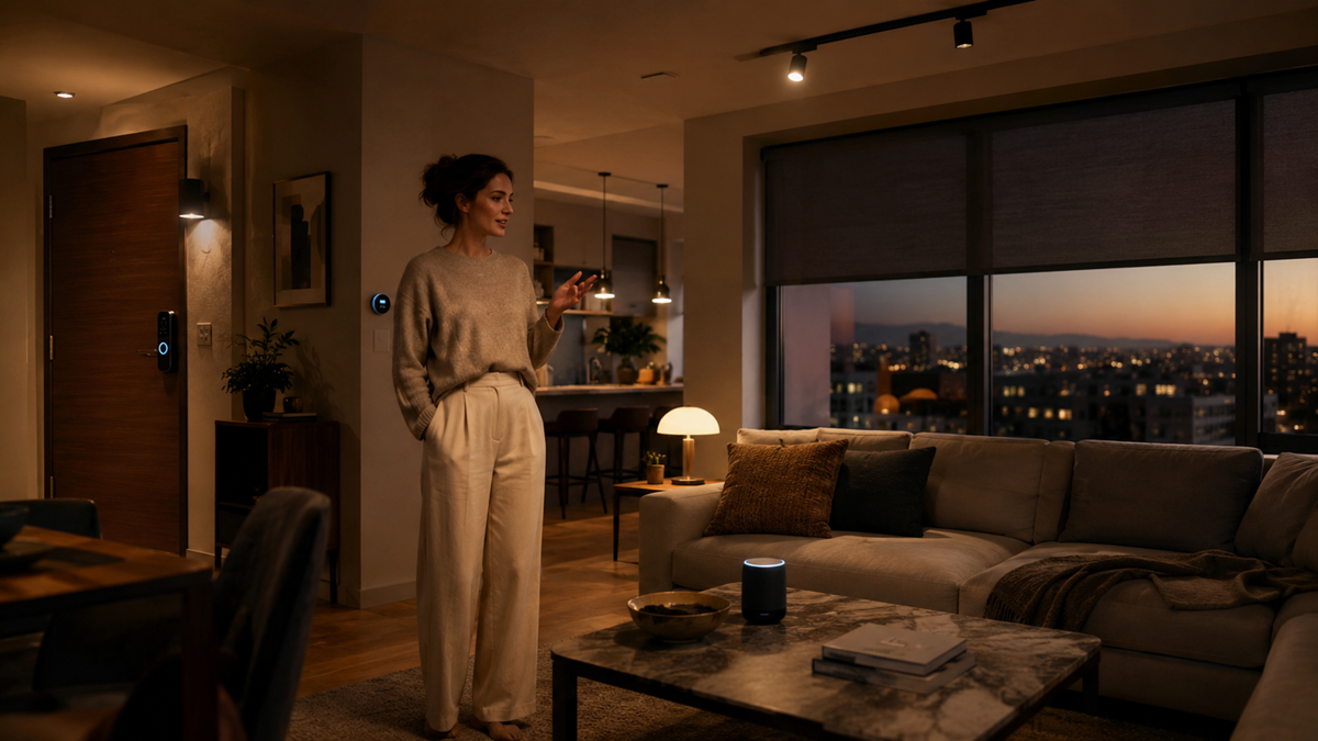 A woman stands in a cozy living room at dusk, holding a smartphone. City lights are visible through large windows. Smart devices, warm lighting, and soft furnishings create a modern, relaxed atmosphere.