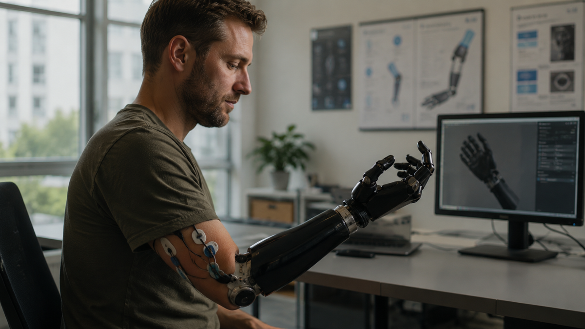 A man with a prosthetic arm sits at a desk in an office, examining his robotic hand while a computer monitor displays a 3D model of a similar prosthetic arm.