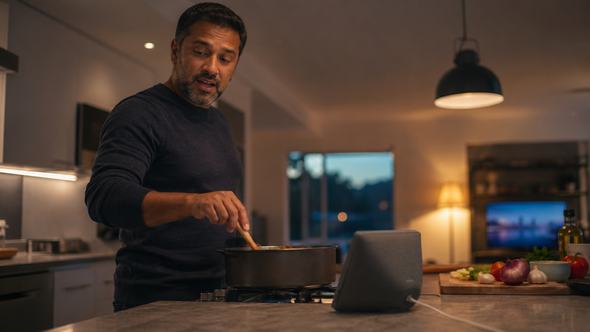 A man cooks at a kitchen counter, stirring a pot while looking at a smart display. Vegetables, a cutting board, and olive oil are visible on the counter. The kitchen is warmly lit.
