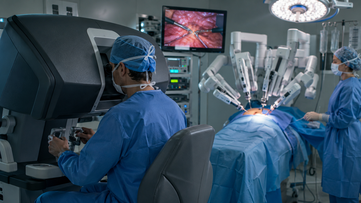 A surgeon operates a robotic surgical system while an assistant stands by. The patient lies on the table, and a monitor displays an internal view. The team wears blue scrubs and surgical masks in a modern operating room.