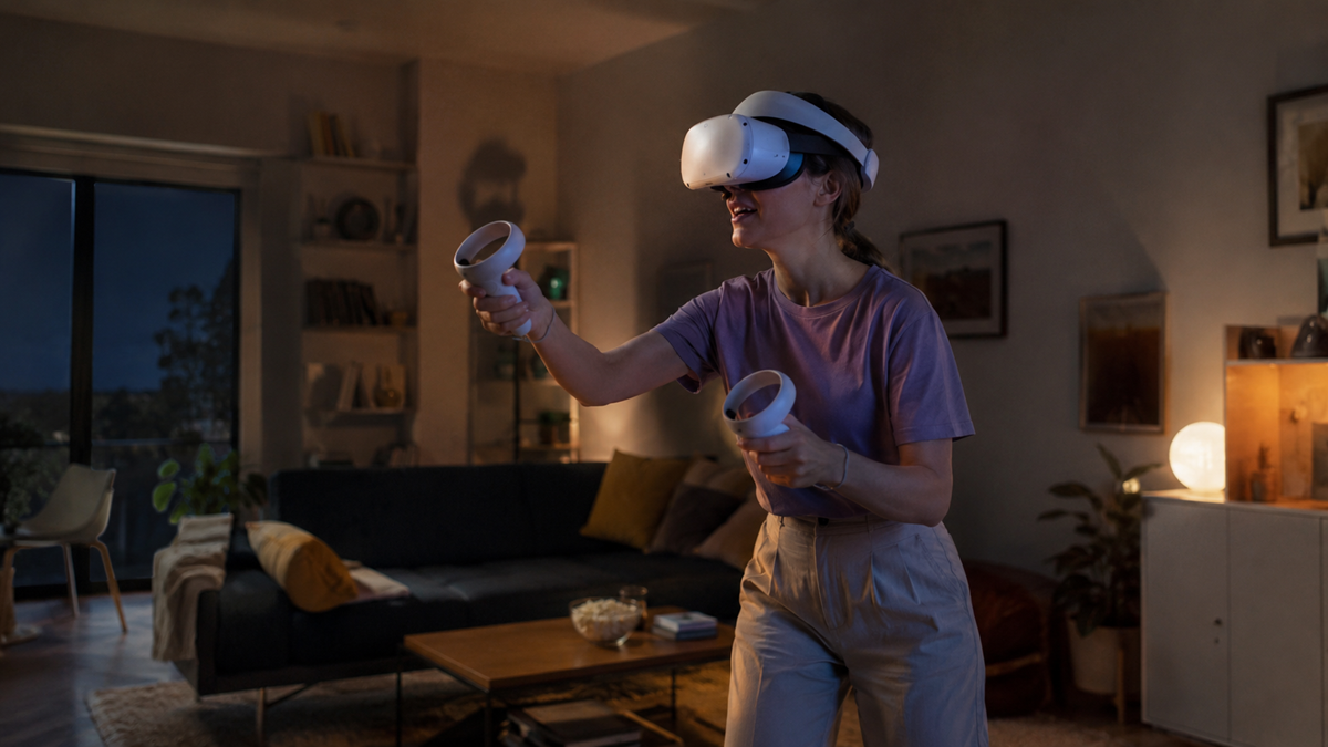 A person wearing a VR headset and holding controllers plays a virtual game in a cozy living room at night, smiling and engaged in the experience.