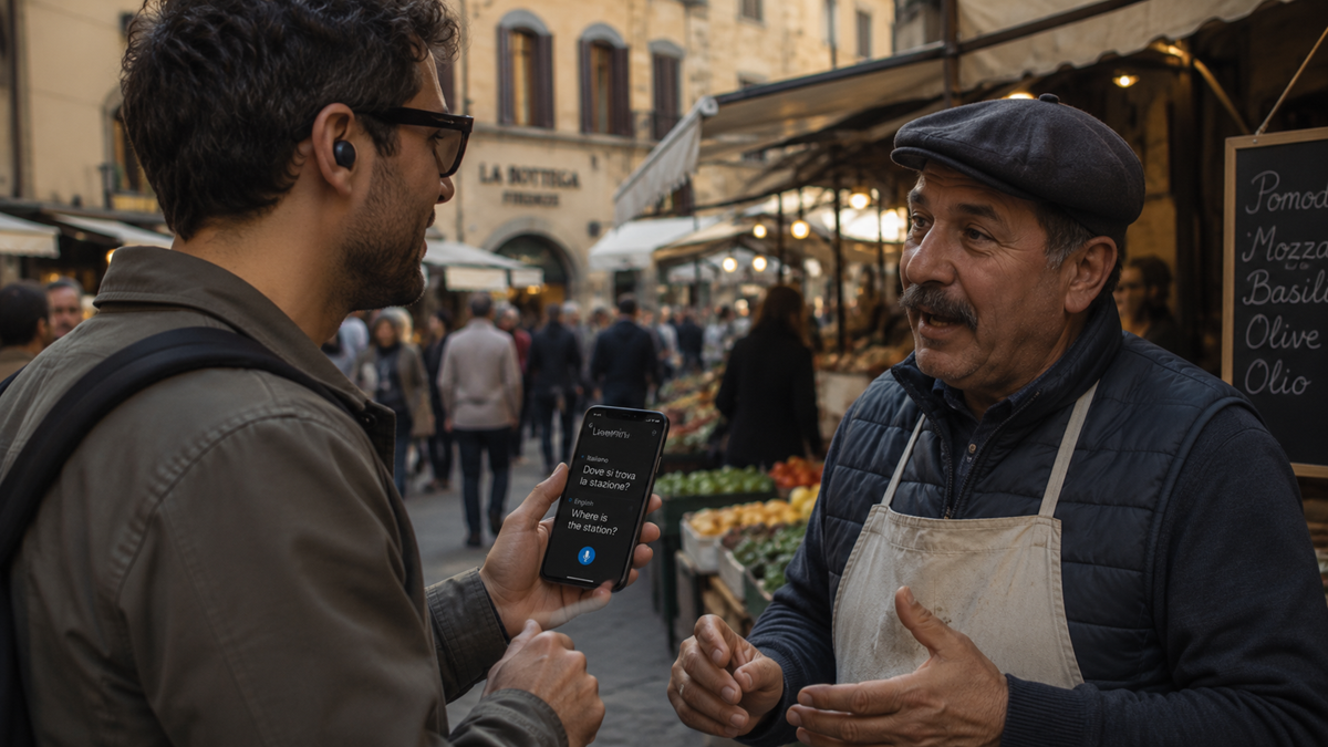 A man uses a smartphone translation app to communicate with a vendor at an outdoor market, with fresh produce and people in the background.