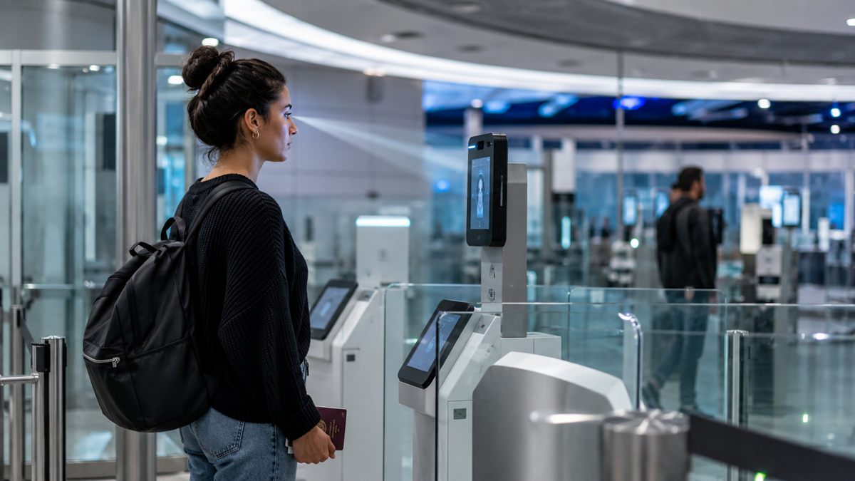 A woman with a backpack stands at an airport security checkpoint, facing a facial recognition scanner. She holds a passport in her hand, with glass barriers and modern equipment around her.