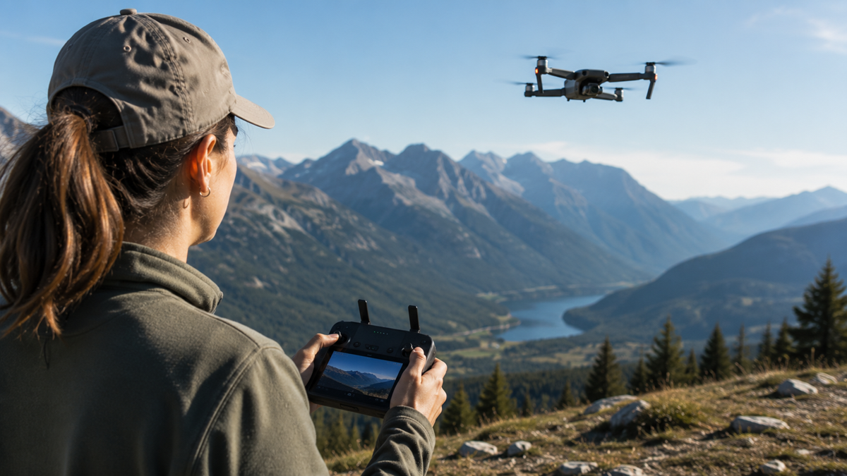A person in outdoor gear operates a drone with a remote control, overlooking a scenic mountain landscape with a winding river and pine trees under a clear blue sky.