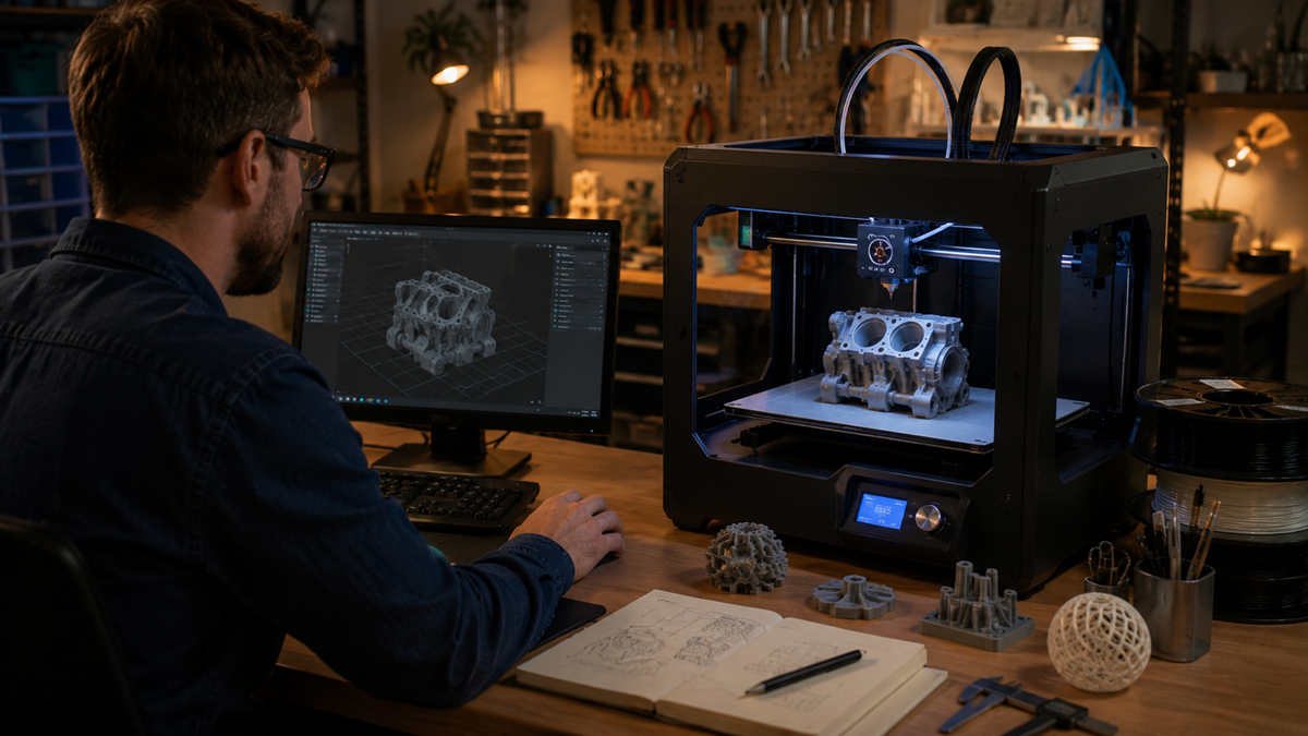 A person designs a mechanical part on a computer while a 3D printer creates the same part. The workspace includes tools, spools of filament, sketches, and 3D-printed models.
