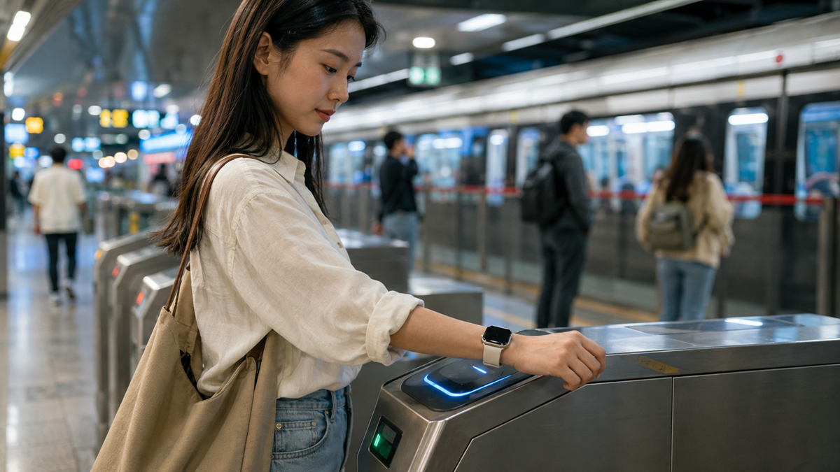 A woman in a white shirt uses her smart watch to tap into a subway station, with a train and several people visible in the background.