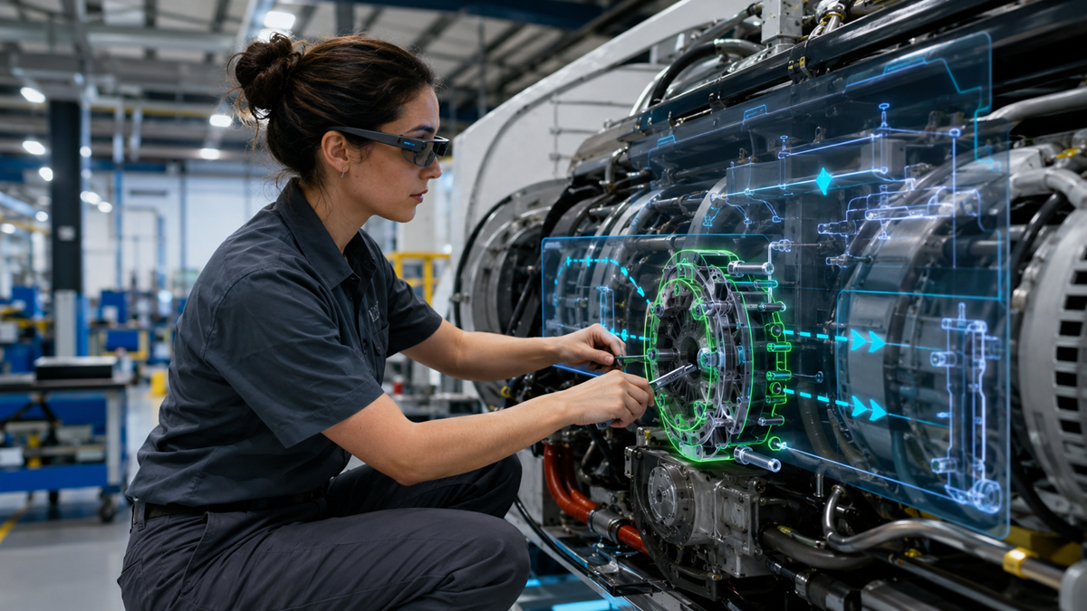 A woman in safety glasses works on a large engine with a digital interface overlay showing technical diagrams and data in an industrial setting.