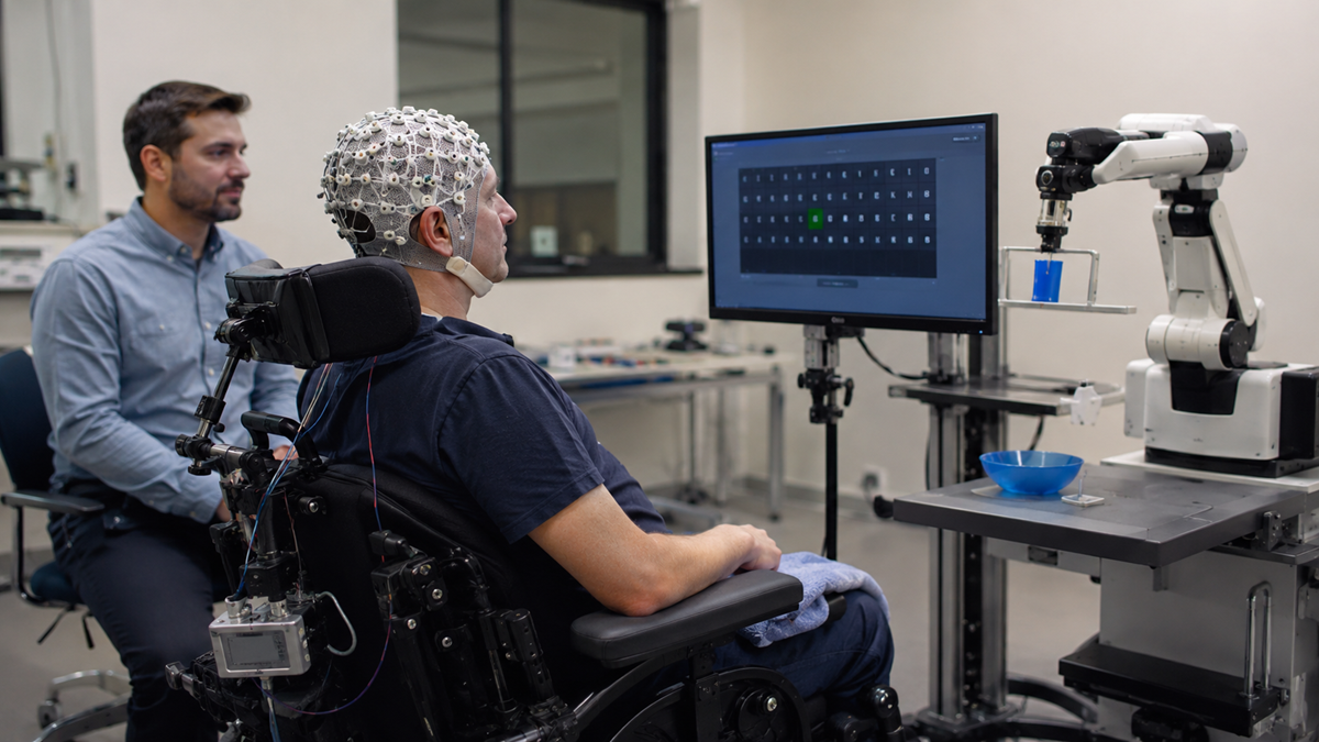 A man in a wheelchair wears an EEG cap, using a computer brain interface. A robotic arm holds a cup, while another person observes. A monitor displays a virtual keyboard.