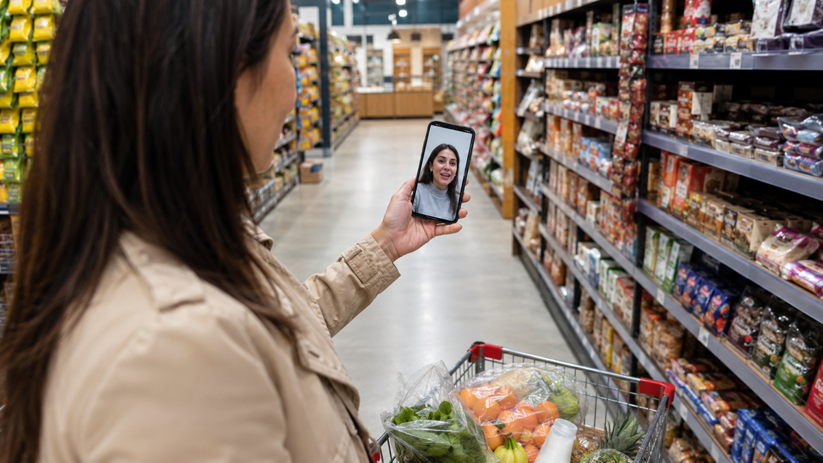 A woman in a grocery store pushes a cart with vegetables while video calling someone on her smartphone, holding it in front of her as she walks down an aisle lined with packaged goods.