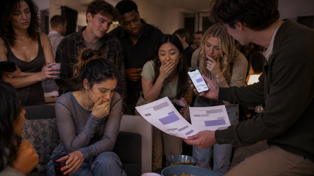 A group of young adults gather in a living room, looking concerned as one person shows chat screenshots on paper and a phone. Snacks and drinks are on the table.
