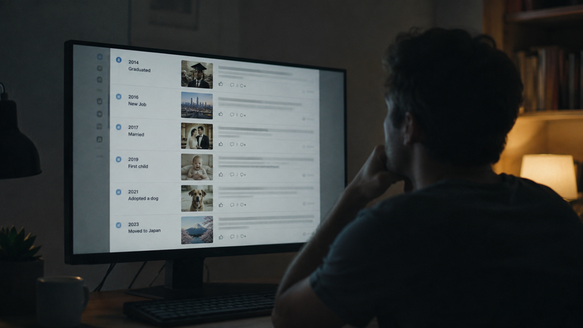 A person sits at a desk in a dimly lit room, looking at a computer screen displaying a timeline of life events like graduation, marriage, and moving, with years and thumbnail photos beside each event.