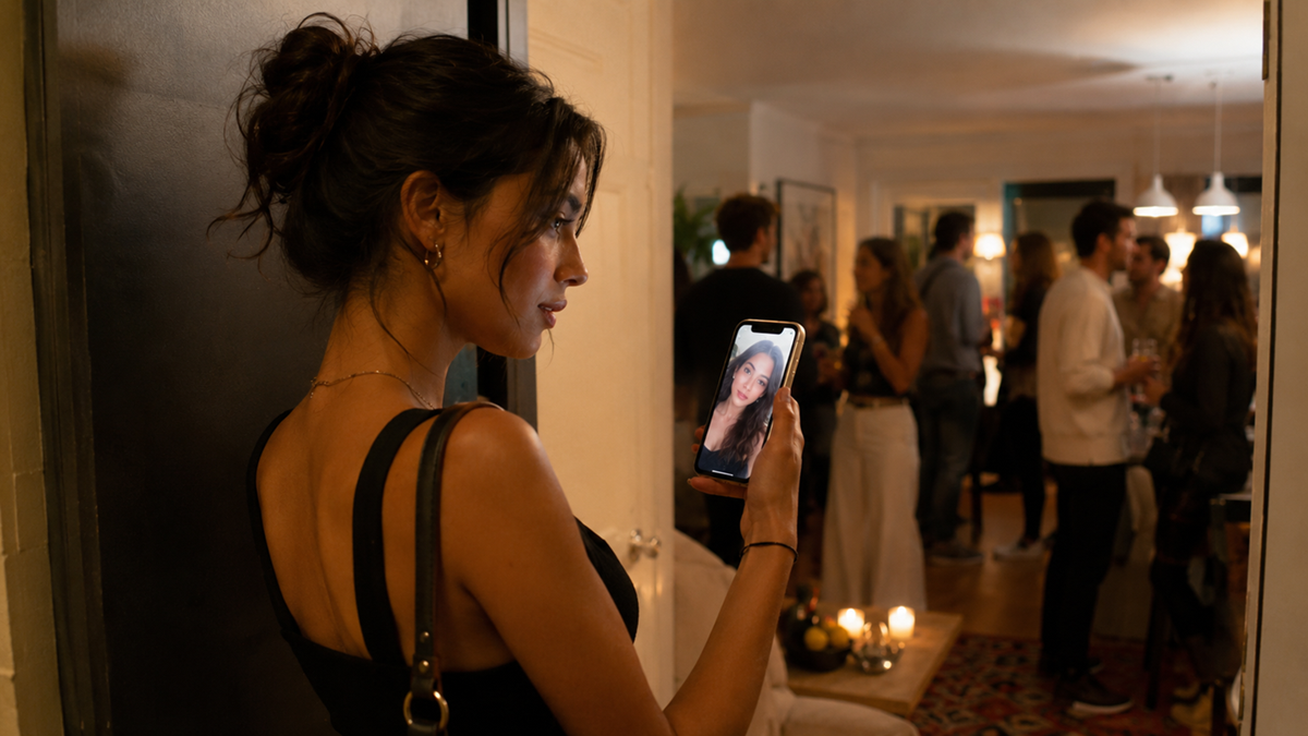 A woman stands by a doorway at a lively indoor party, holding up her phone to video chat with someone, while other guests socialize in the background.