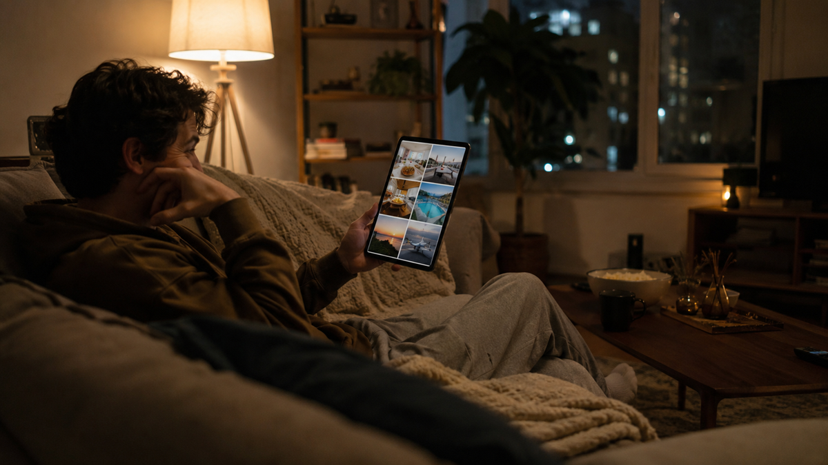 A person sits on a cozy couch at night, browsing photos on a tablet. The living room is softly lit by a lamp, with snacks and drinks on a wooden coffee table, and city lights visible through the window.