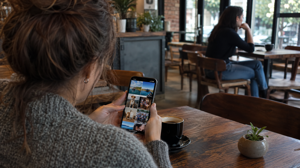 A woman in a cozy sweater sits at a wooden café table with a coffee, looking at travel photos on her phone. Another woman sits alone at a nearby table, gazing out the window.