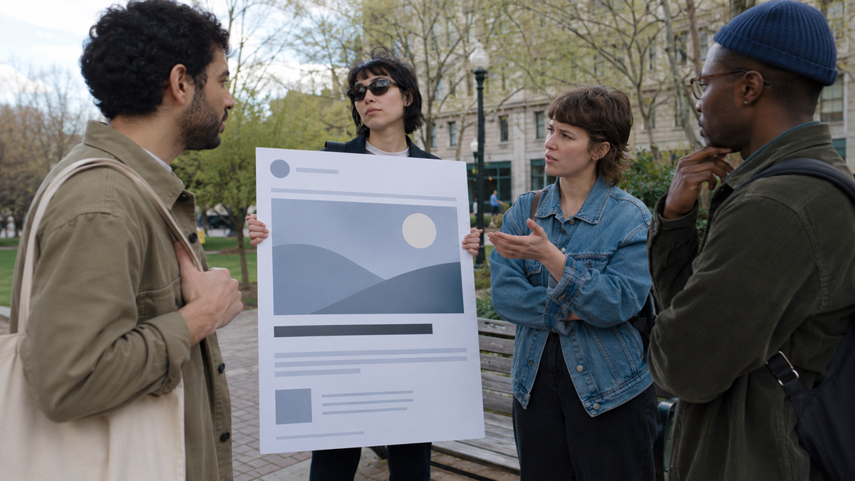 Four people stand outdoors, discussing while one person holds a large poster featuring a stylized website design with image and text placeholders, surrounded by trees and buildings.