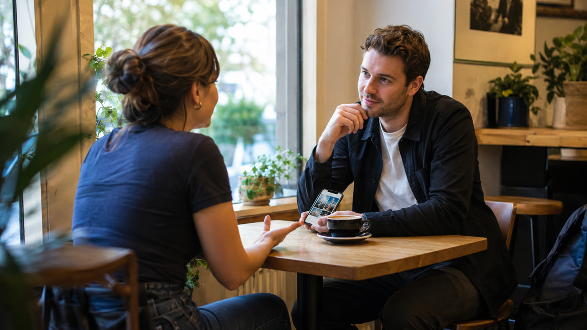 Two people sit across from each other at a small wooden table in a cozy café, engaged in conversation. One holds a phone, and both have hot drinks in front of them. Plants and framed photos decorate the space.