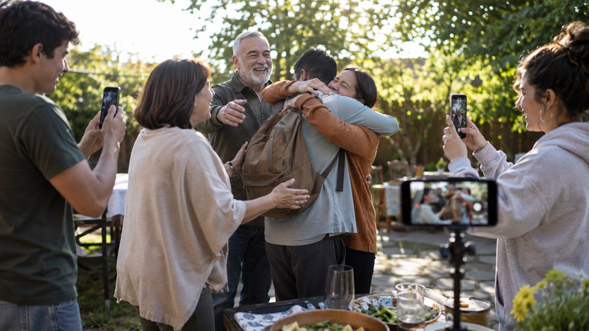 A group of people outdoors capture photos while two people embrace in a joyful hug. Others smile and watch, celebrating together in a sunny backyard setting.