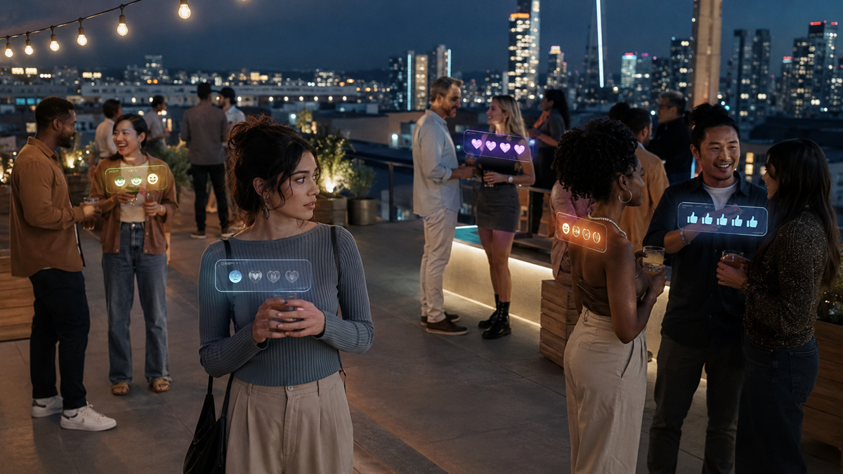 Young adults at a rooftop party at night, standing in groups and talking. One woman stands alone, looking at others. Floating digital icons above people represent social media reactions. City skyline is visible in the background.