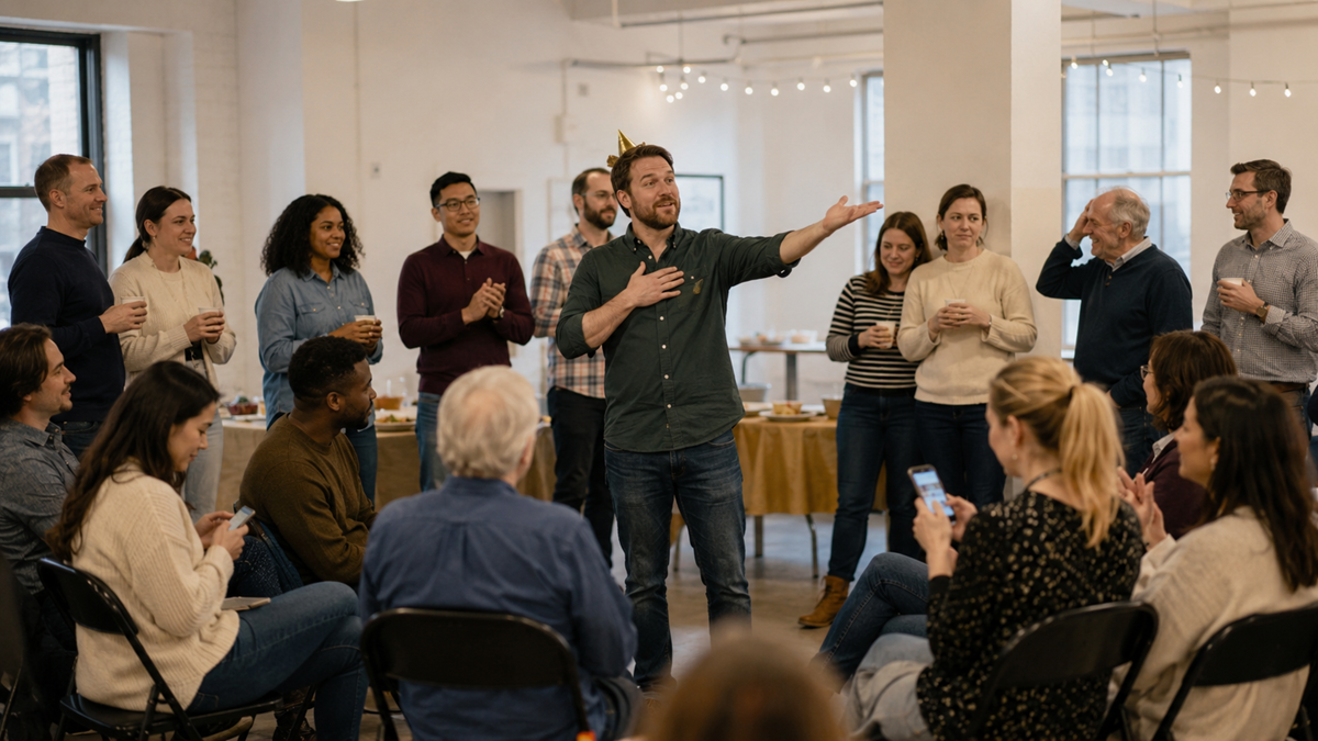 A man wearing a paper crown stands and gestures while a group of people, some seated and some standing, watch, clap, and smile in a well-lit indoor space decorated with string lights.