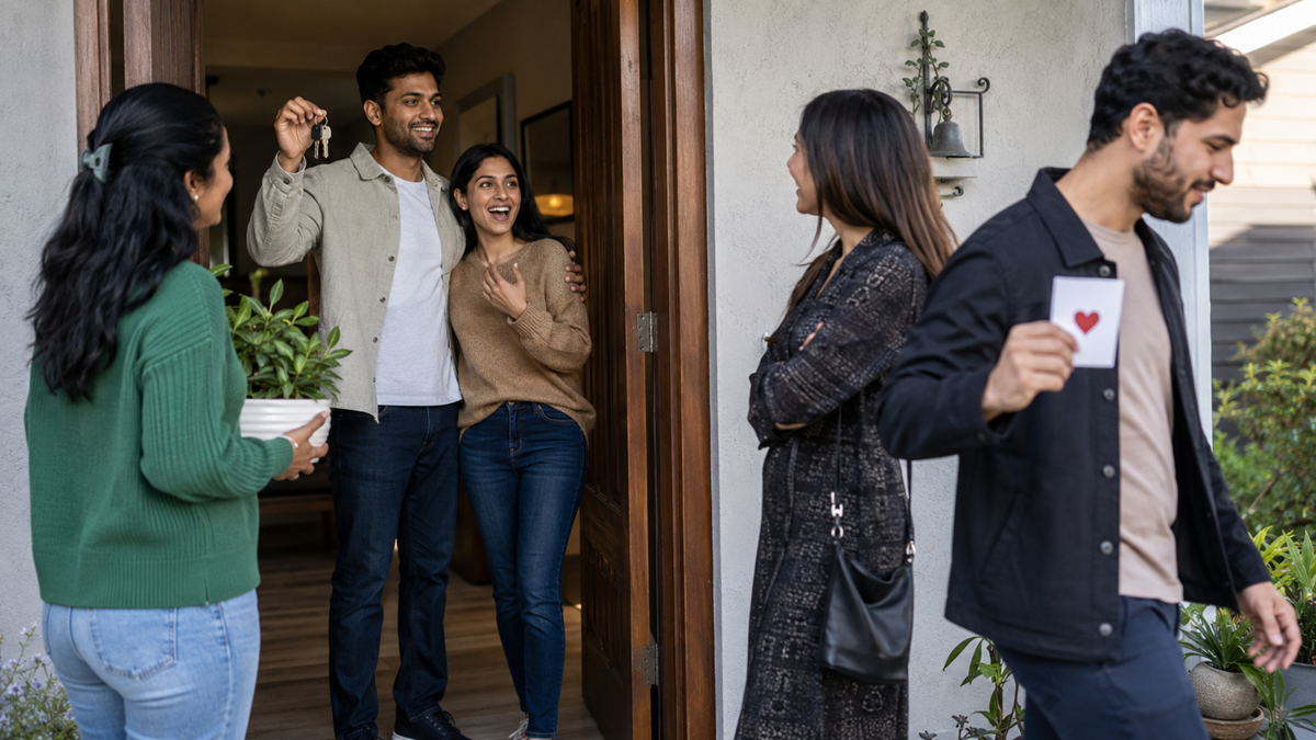 A smiling couple stands in a doorway, one holding keys. Three friends greet them; one holds a plant, another a card with a heart. Everyone looks happy, celebrating a new home.