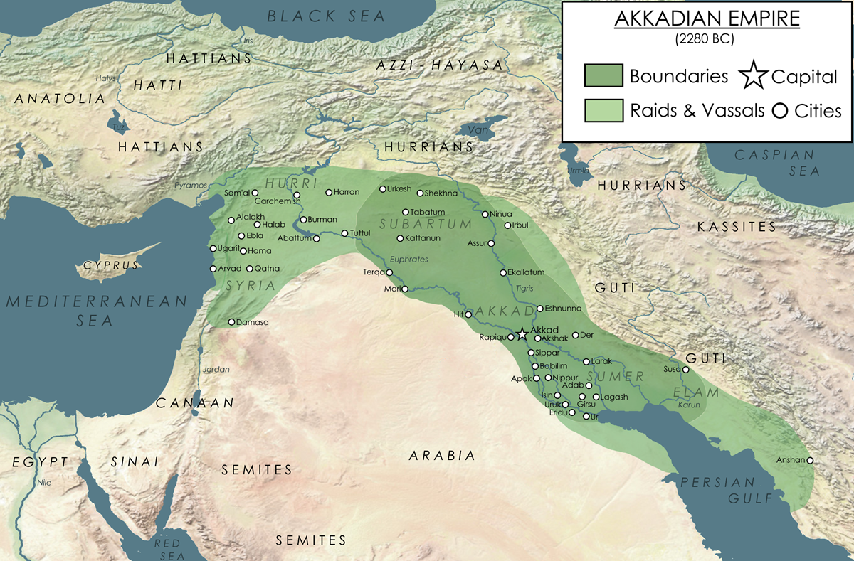 Map of the Akkadian Empire around 2280 BC, showing its boundaries in green, major cities, the capital city, and regions of raids and vassals across Mesopotamia, the Levant, and parts of Anatolia and Persia.