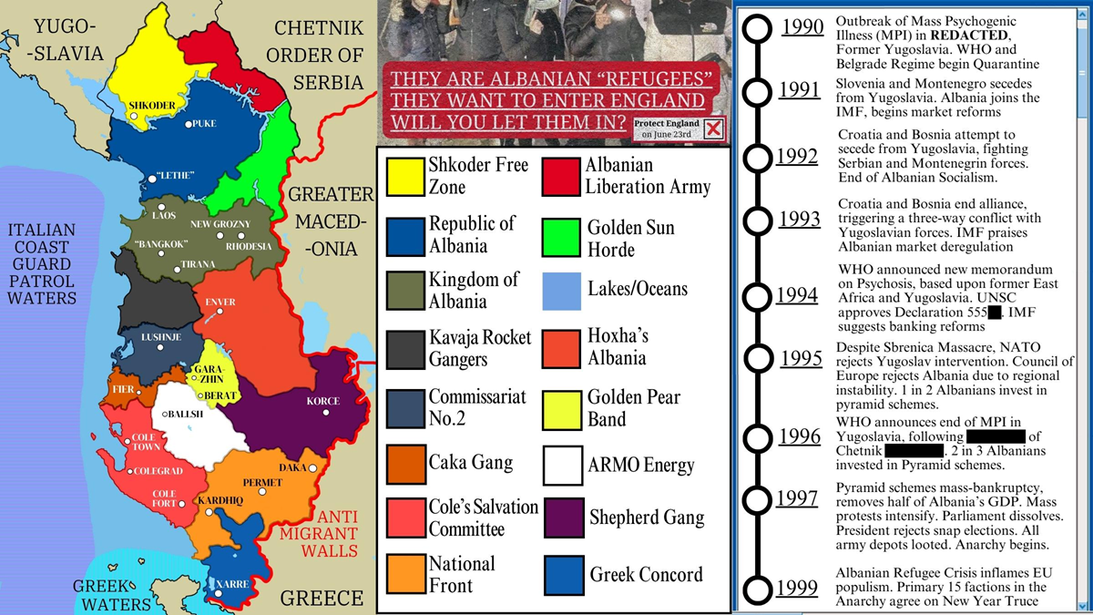 A color-coded map of Albania and neighboring regions shows various factions and control zones from 1990-1999. Beside it is a timeline of key events, with a yellow warning about Albanian refugees at the top.