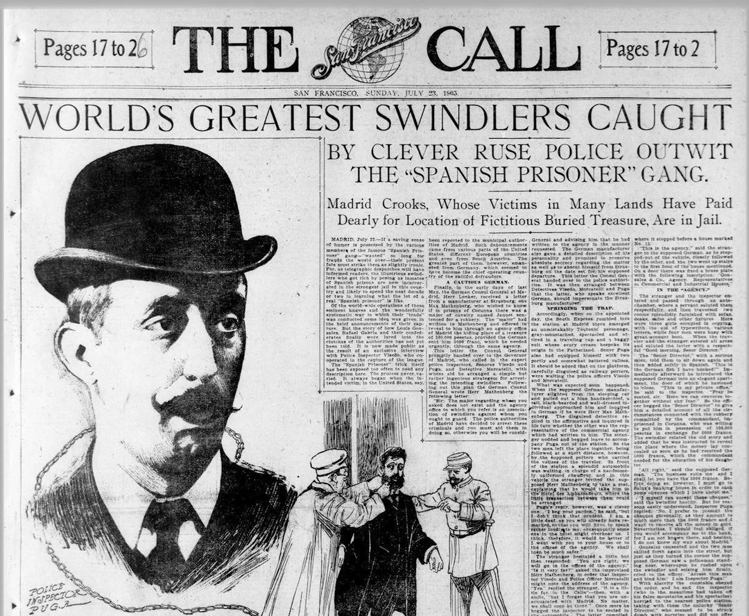 Newspaper front page with a large illustration of a man in a bowler hat and smaller drawing of three men in conversation. Headline reads: "World's Greatest Swindlers Caught." Dense text fills the rest of the page.