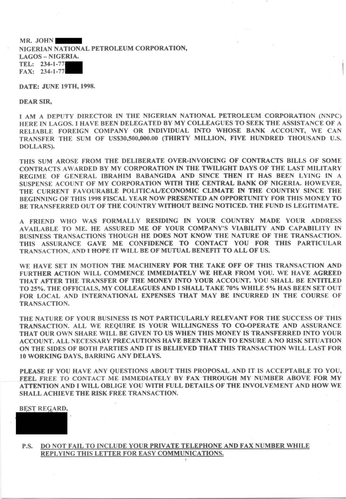 A typed letter from the Nigerian National Petroleum Corporation discusses a financial transaction, requesting bank account details to transfer $35,500,000. The letter appears formal, referencing business contracts and confidentiality.