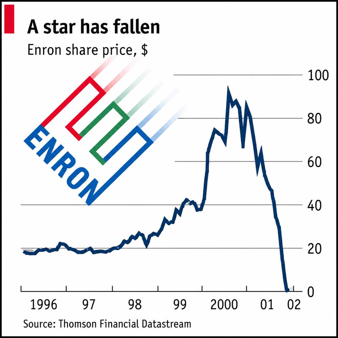 A line graph showing Enron's share price rising steeply from 1996 to 2000, then plunging to near zero by 2002, with the Enron logo faded in the background.