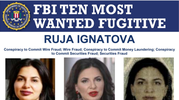 FBI wanted poster for Ruja Ignatova, showing three photos of her, details about her alleged crimes, physical description, aliases, reward offer, and contact information for tips.
