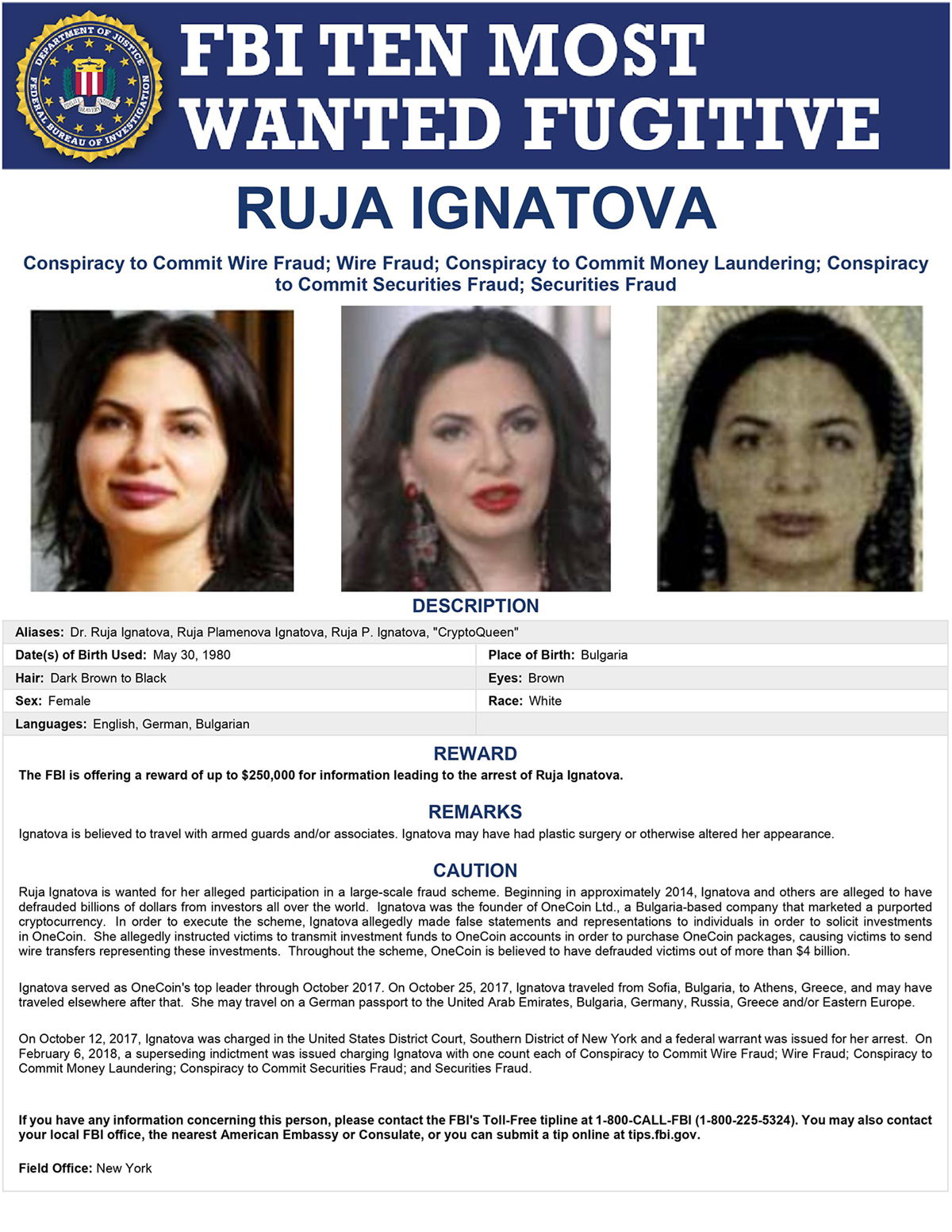 FBI wanted poster for Ruja Ignatova, showing three photos of her, details about her alleged crimes, physical description, aliases, reward offer, and contact information for tips.