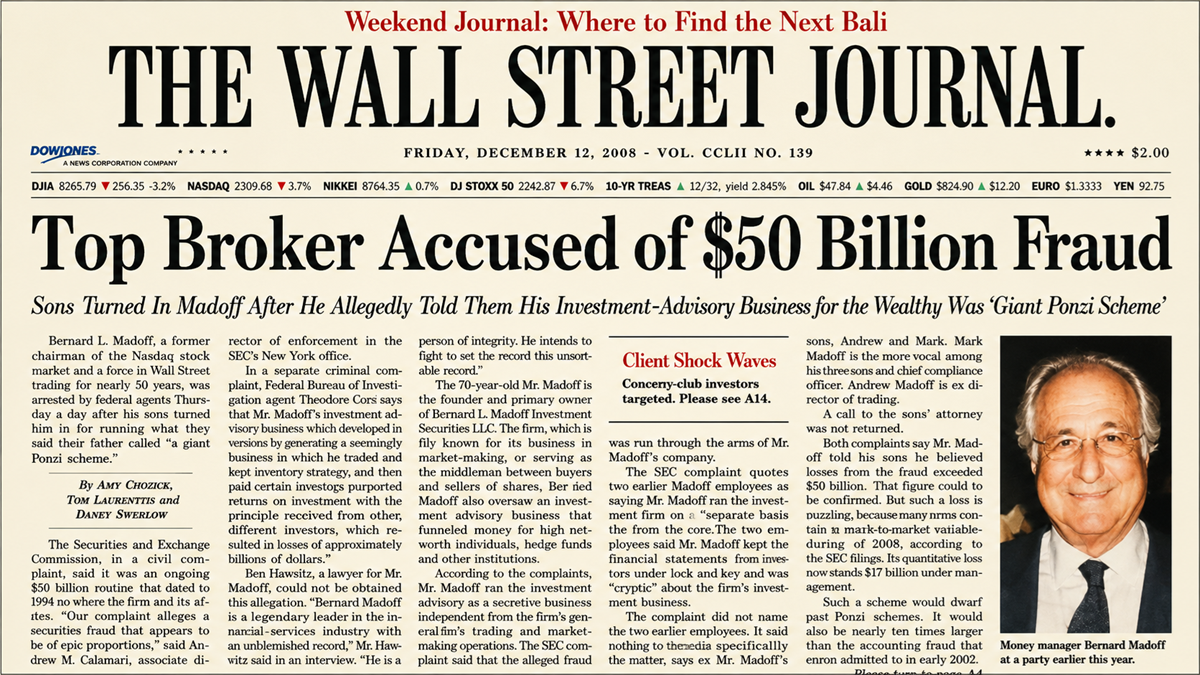 Front page of The Wall Street Journal features the headline “Top Broker Accused of $50 Billion Fraud” about Bernie Madoff, with a photo of Madoff on the right side and stock market information at the top.